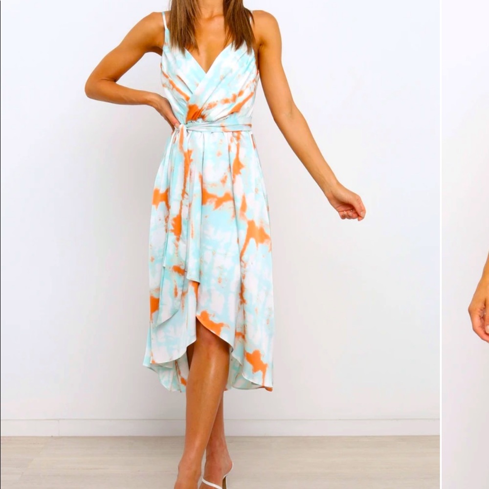 satin tie dye dress with removable belt.